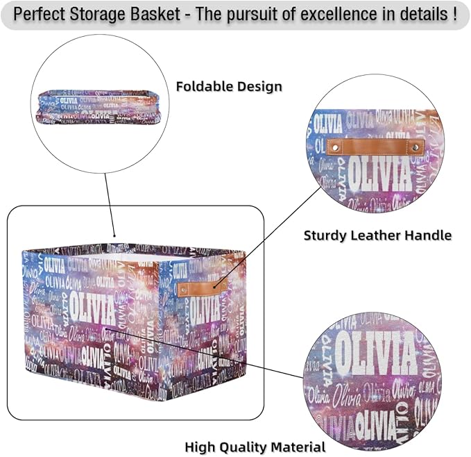 Personalized Storage Basket with Name, Rectangle Toys Storage Bin with Handles for Baby, Boys, Girls, Collapsible Basket for Clothes, Books, Purple Galaxy Universe