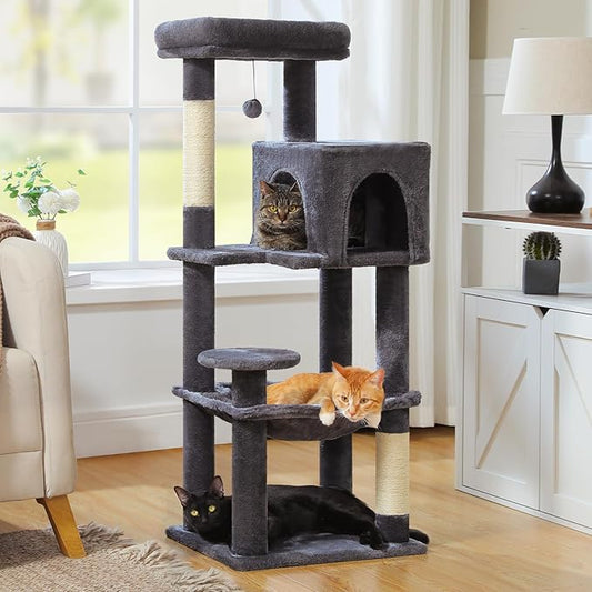 MUTTROS Cat Tree for Indoor Cats, 44.5" Multi-Level Cat Tower with Large Metal Frame Hammock, Cat Condo with 2 Scratching Posts and Top Perch for Small to Medium Cats, Dark Gray