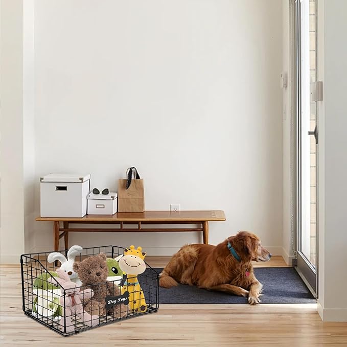 Large Dog Toy Basket, Metal Dog Toy Bin, Mesh Wire Basket with Wooden Handles, Toy Box for Living Room Area, Dog Toys Box, Pet Toys for Dog Cat, Sturdy Dog Basket for Dog Leash,Blanket,Toys,Snacks
