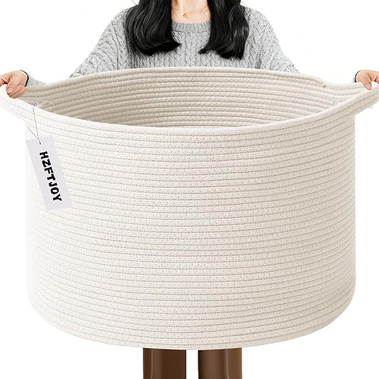 65L Large Blanket Basket,19.7" L x 19.7" W x 13" H Rope Woven Baskets with Handles, Toys Storage Bins,Laundry Basket Perfect for Living Room, Nursery,Bedroom,Home Organization,White