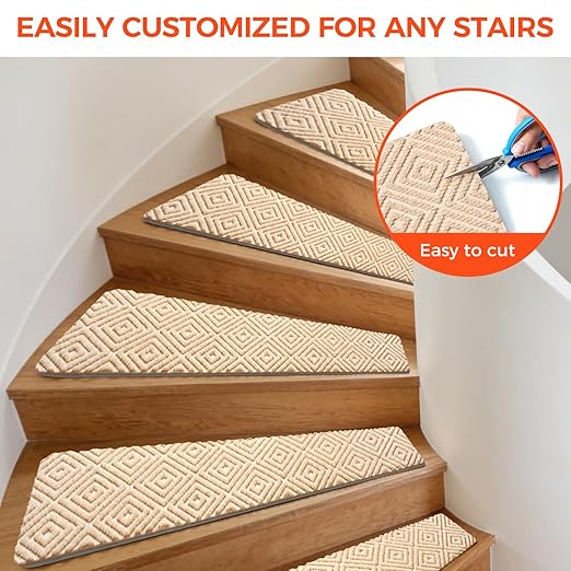 BAGAIL 15 Pack Non-Slip Stair Treads for Wooden Steps, 8"x30" Peel and Stick Carpet Stair Runners, Machine Washable Indoor Step Covers with No-Residue Adhesive for Dogs, Kids & Elderly - Beige