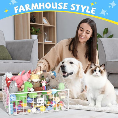Indestructible Dog Toy basket, Large Toy Box for Dogs,Pet Toy Bin Dog Metal Basket for Toys, Toy Storage Organizer, Toy Box for Living Room Area (White)