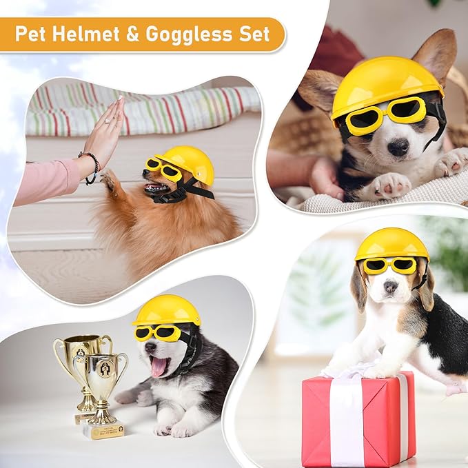 Frienda Dog Helmet and Goggles, UV Protection Doggy Sunglasses and 4 Inch Padded Puppy Motorcycle Helmet Adorable Dog Goggles with Adjustable Belt for Small Dogs Puppy Riding(Yellow,M)