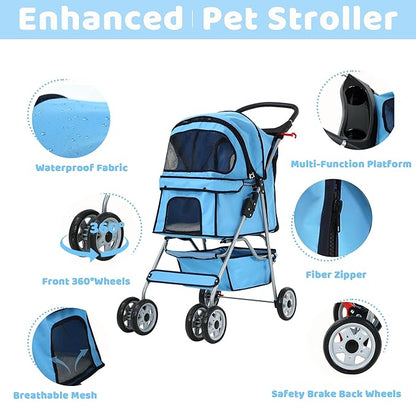 Pet Stroller for Small Medium Dogs & Cats, 4-Wheel Breathable Compact Foldable Dog Carrier with Storage Basket, Outdoor Portable Lightweight Travel Stroller for Camping,Blue