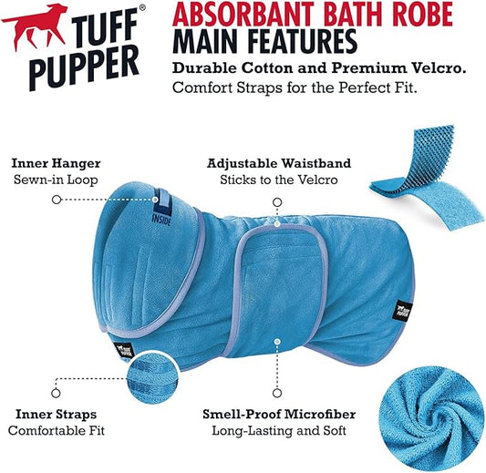 Tuff Pupper Bathrobe, Medium, Blue - Fast Drying Dog Towel Robe/Dressing Gown, 800 GSM Plush, Super Absorbent, Adjustable Hood & Belly Strap, Super Soft, Microfiber, Quick Dry