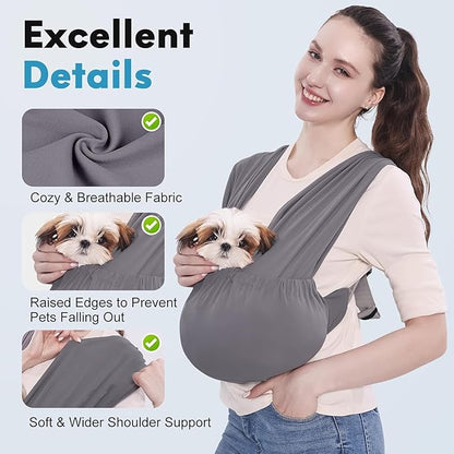Supet Dog Sling Carrier for Small Pets, Hands Free Cat Sling, Reducing Back Neck Pain Anti-Anxiety Puppy Front, Adjustable Soft Dog Carrying (Grey, Regular)