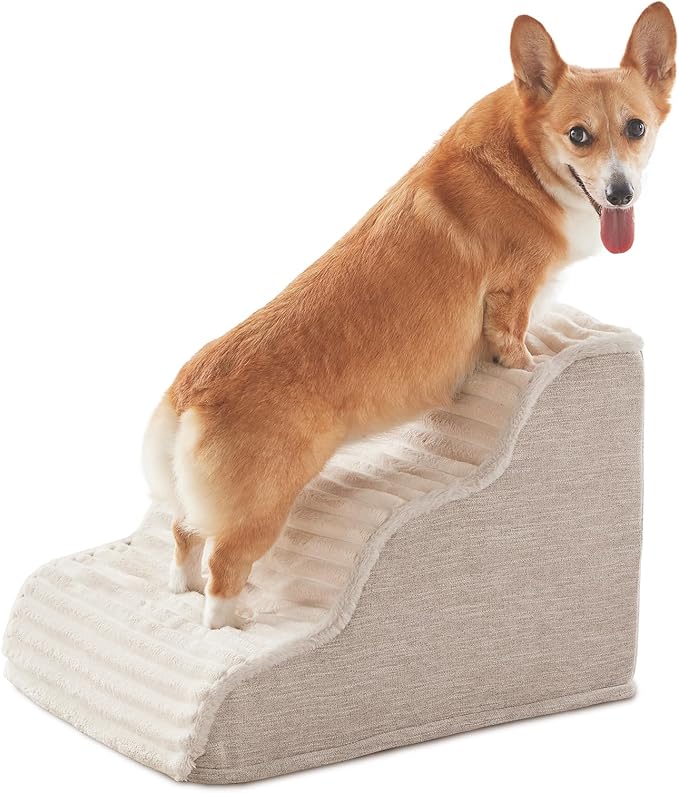 Dog Stairs for Small Dogs & Cats 15.7" H, High Density Foam Dog Steps Ramp for Couch Sofa and Chair, Widened 3-Step Pet Stairs with Non-Slip Bottom and Remove Washable Cover, Beige