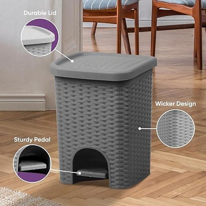 Superio 2-Pack Mini 6L Step Pedal Trash Can - Wicker Design, Hidden Mechanism, Durable Plastic, Ideal for Desktop, Countertop, Pet Waste/Dog Poop- Grey