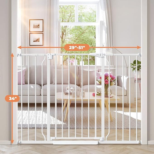 34" Extra Tall Baby Gate for Stairs, Auto Close Stroller Friendly Dog Gate Indoor for Doorways, Pressure Mounted 29"-51" Wide Baby Gate, Easy Walk Through Gate for Children & Pets, White