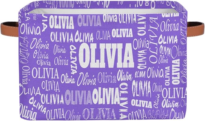 Custom Storage Baskets for Kids with Name, Large Foldable Organizer Collapsible Storage Bin with Leather Handle for Home Toys Closet Nursery, Violet Purple Light Solid Background