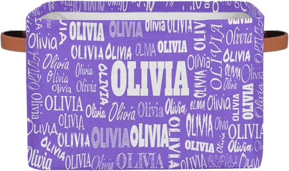 Custom Storage Baskets for Kids with Name, Large Foldable Organizer Collapsible Storage Bin with Leather Handle for Home Toys Closet Nursery, Violet Purple Light Solid Background