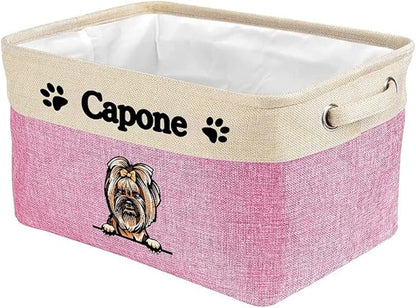 Personalized Foldable Storage Basket with Lovely Dog Yorkie Collapsible Sturdy Fabric Pet Toys Storage Bin Cube with Handles for Organizing Shelf Home Closet, Pink and White
