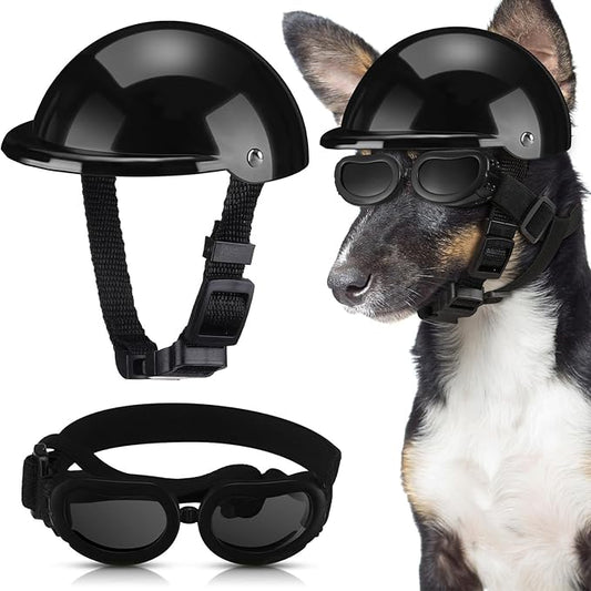Frienda Dog Helmet and Goggles, UV Protection Doggy Sunglasses and 4 Inch Padded Puppy Motorcycle Helmet Adorable Dog Goggles with Adjustable Belt for Small Dogs Puppy Riding(Black,L)