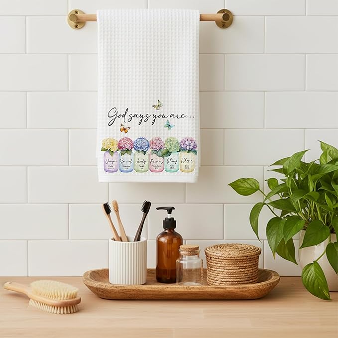 Christian Kitchen Towel, Waffle Weave Microfiber Scripture Hand Towel, God Says You are Bible Verse Farmhouse Decor for Kitchen Bathroom, Inspirational Gift for Women