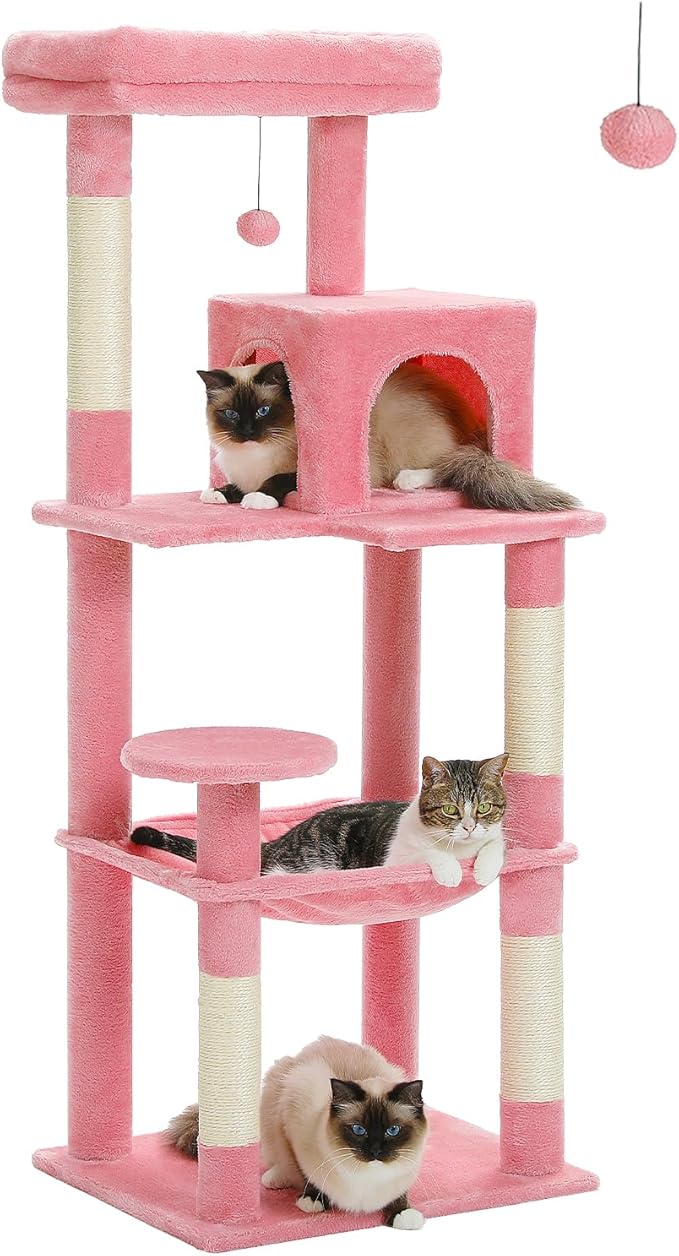 MUTTROS Cat Tree for Large Cats with Metal Plush Big Hammock, 56.3" Cat Tower for Indoor Cats with 2 Door Condo House, 6-Tier Cat Shelves with Scratching Posts and Large Top Perch, Pink