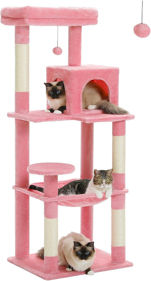 MUTTROS Cat Tree for Large Cats with Metal Plush Big Hammock, 56.3" Cat Tower for Indoor Cats with 2 Door Condo House, 6-Tier Cat Shelves with Scratching Posts and Large Top Perch, Pink