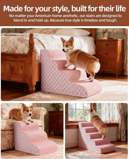 Dog Stairs Ramp for Couch 15.7”H, 3-Step Pet Stairs for Small Dogs with High Density Foam, Dog Slope Stairs with Durable Non-Slip Bottom for Puppy Pink
