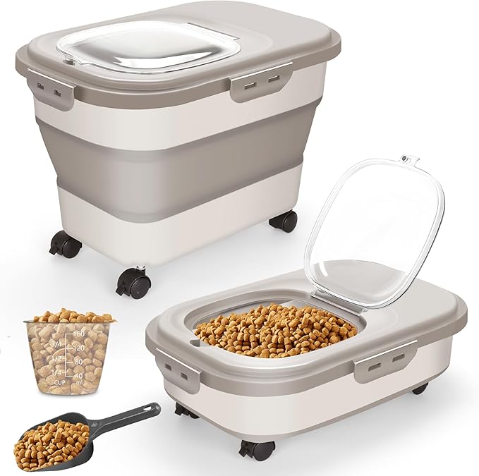 Collapsible Dog Food Storage Container, 20Lbs Airtight Rice Flour Container, Large Pet Cat Food Storage Dispenser Bin with Rolling Wheels, Scoop & Measuring Cup, Kitchen Cereal Dry Food Holder (Khaki)