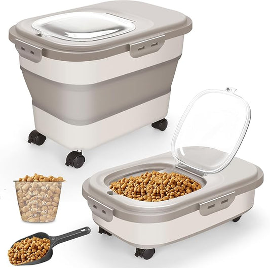 Collapsible Dog Food Storage Container, 20Lbs Airtight Rice Flour Container, Large Pet Cat Food Storage Dispenser Bin with Rolling Wheels, Scoop & Measuring Cup, Kitchen Cereal Dry Food Holder (Khaki)