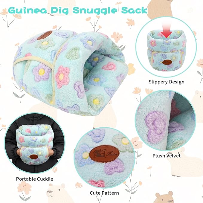YUEPET Guinea Pig Bed Cuddle Cave Warm Fleece Cozy House Bedding Sleeping Cushion Cage Nest for Small Animal Squirrel Chinchilla Hedgehog Cage Accessories(Green Flower