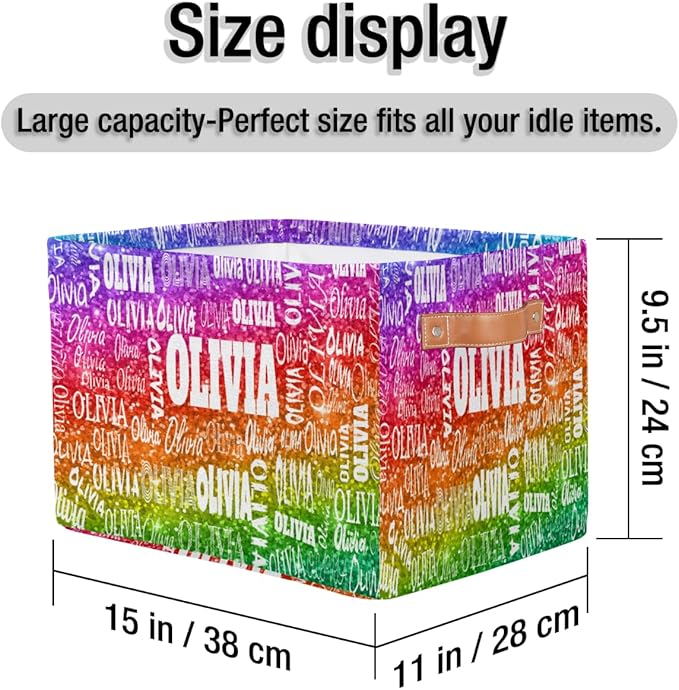 Custom Name Storage Bin, Personalized Rectangular Storage Basket with Handles for Organizing Boys Girls Toys Office Closet Shelf Baskets, Bright Colorful Rainbow Red Green Purple Sequins Glitter
