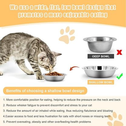 Stainless Steel Cat Bowl - Shallow Wide Flat Cats Food Bowls,Metal Kitten Dishes Whisker Friendly Fatigue Relief,Replacement Basic Kitty Plates for Elevated Stand,Dishwasher Safe（Set of 2）