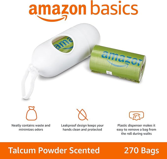 Amazon Basics Premium Leak Proof Dog Poop Bags with Dispenser and Leash Clip, Talcum Powder Scented, 13" x 9", 270 Count (18 Rolls of 15)
