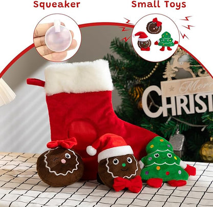 Hollypet Squeaky Dog Toy, Interactive Plush Hide and Seek Dog Toys for Small Medium Sized Dogs and Non-Aggressive Chewers, Puppy Teeth Clean Chew Toys, Christmas Stocking