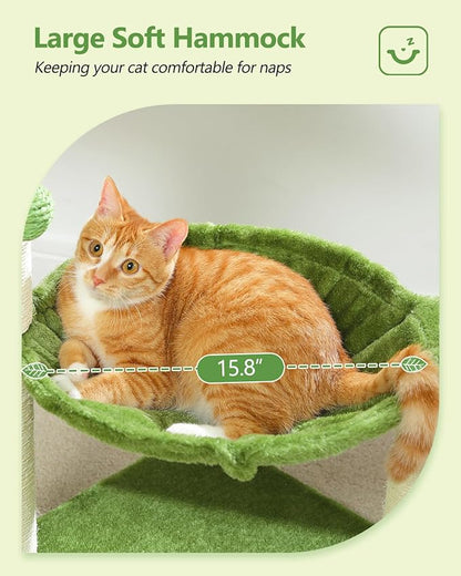 MUTTROS Small Cat Tree, 28" Cat Tower with Sisal Scratching Posts and Coconut Leaves for Indoor Small Cats, Large Hammock and Dangling Ball for Kittens, Green
