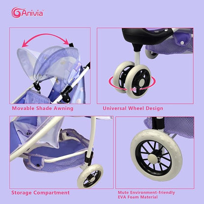 Doll Stroller Toy Anivia Realistic Twin Dolls Pram, Doll Pushchair with Shopping Basket Heart Design Gifts for Toddlers and Girls Foldable Baby Doll Stroller Toy (DA310pur)