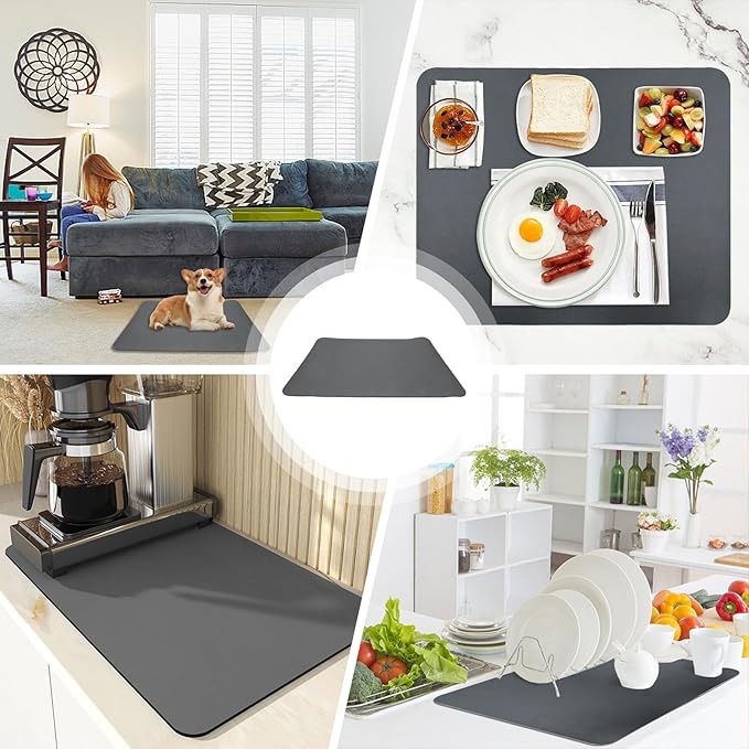 Quick Dry Coffee Maker Mat, 15" x 19" Water Absorbent Kitchen Countertop Mat With Rubber Backed, Non-Slip Large Dish Drying Mat for Kitchen Counter Home Table Coffee Bar (Gray)