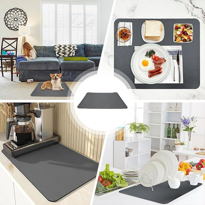 Quick Dry Coffee Maker Mat, 15" x 19" Water Absorbent Kitchen Countertop Mat With Rubber Backed, Non-Slip Large Dish Drying Mat for Kitchen Counter Home Table Coffee Bar (Gray)