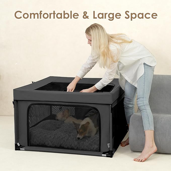EHEYCIGA 42x42x26 Inches Puppy Playpen with Top Cover for Dogs & Cats Indoor or Outdoor - Dog Playpen with Door, Dog Fence for Small Animal with Heavy-Duty Oxford & Steel Frame, Dark Grey