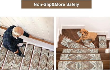 OJIA Super Non-Slip Stair Treads for Wooden Steps, 30"X8" Indoor Stair Runners Slip Resistant Stair Rugs Safety Mats for Dogs, Kids & Elders, Rubber Backed Stair Treads Stair Covers (15PC)
