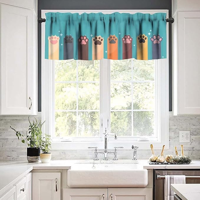 Paw Valances Curtain for Kitchen, Cartoon Cat Dog Paws Pattern Window Treatment Valances Short Curtains Rod Pocket Drape for Dining Room Home Farmhouse Decor, 54x18inch