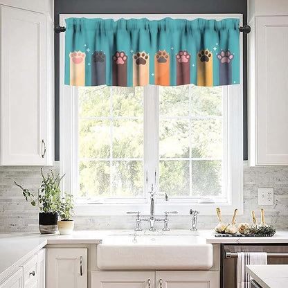Paw Valances Curtain for Kitchen, Cartoon Cat Dog Paws Pattern Window Treatment Valances Short Curtains Rod Pocket Drape for Dining Room Home Farmhouse Decor, 54x18inch