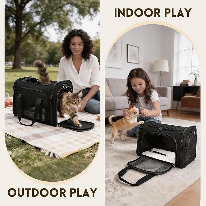 Cat Carrier Soft, Dog Carriers for Small Dogs/Large Cats (Up to 16lbs), with High Breathability, Shoulder Strap, Removable Pad, Pet Carrier Airline Approved, for Home Outdoor Travel (Black)