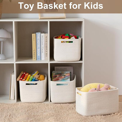 Storage Baskets for Organizing, Woven Decorative Baskets for Shelves - Books, Towels, and Clothes, Cotton Rope Toy Storage Bins, 12.7''Lx9''Wx7.8''H, Pack of 4, White