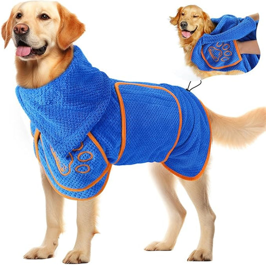 SlowTon Dog Bathrobe Towel - Super Absorbent Microfiber Pet Quick Drying Towel, Wearable Soft Bath Robes for After Bath Shower Swim Wet Walk, Adjustable for Small Middle Large Dogs (Blue, 2XL)
