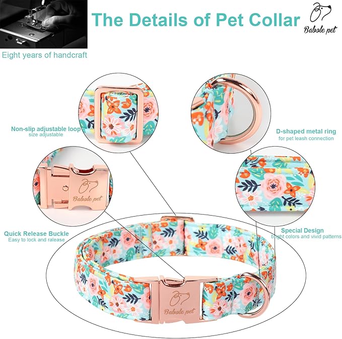 Floral Dog Collar - Cute Summer Flowers Dog Collars for Medium Dogs, Durable Adjustable Male Female Puppy Collar with Metal BuckleM
