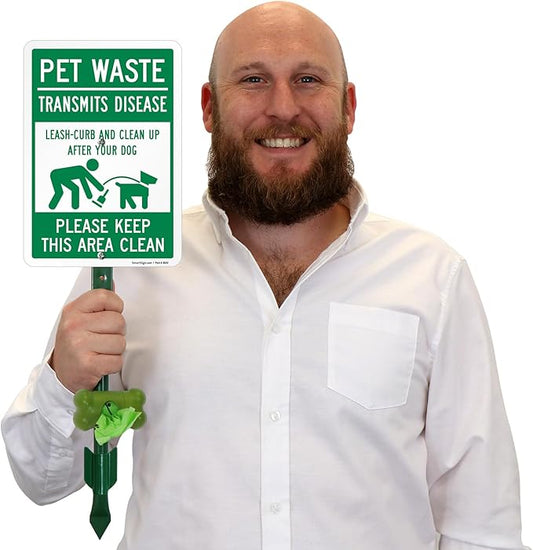 SmartSign Pet Waste Transmits Disease Leash/Curb/Clean Up Yard Sign & Clip-On Dispenser Combo/Kit, 7"x10" Aluminum Sign with 18-inch Steel Stake, Compact Dispenser Preloaded with a 15 Poop Bags Roll