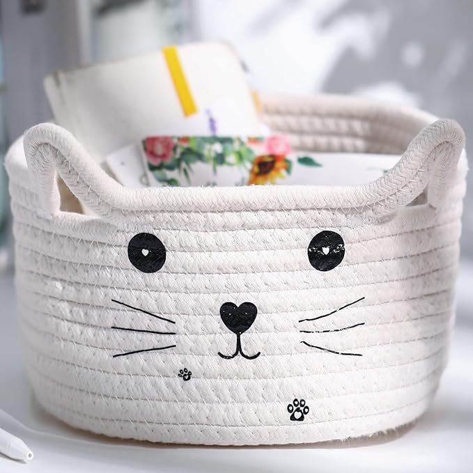 Zopeal Cat Basket Storage Woven Organizer with Ears Easter Decorative Pet Toy Cute Cotton Rope Basket for Gift Cat Dog Toy Bin Nursery Room(8.3 x 4.7 Inch,White)