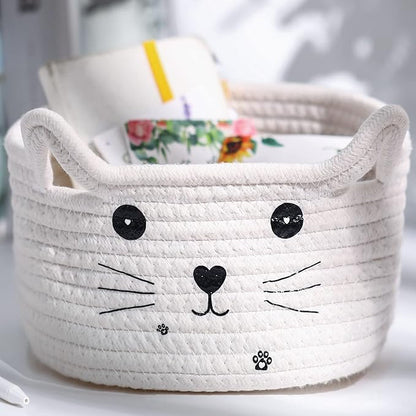 Zopeal Cat Basket Storage Woven Organizer with Ears Easter Decorative Pet Toy Cute Cotton Rope Basket for Gift Cat Dog Toy Bin Nursery Room(8.3 x 4.7 Inch,White)