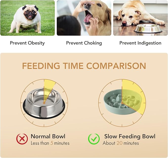 Ceramic 3.2 Cup Raised Slow Feeder Dog Bowl Set, Elevated 8.2inch Bowl and 9.5inch Slow Pet Food Dish with Wooden Stand for Large Dog (2 x Light Green+ Stand)