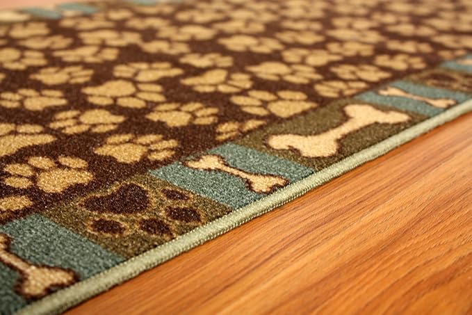 Pet Paw and Bone Design Brown Aqua Blue Printed Slip Resistant Rubber Back Latex Runner Rug (Brown Teal, 23" x 7')