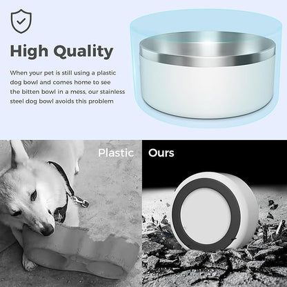 Dog Bowl, Stainless Steel Dog Food and Water Bowl with Non Slip Quiet Bottom, Easy to Clean, Dishwasher Safe, 64oz, White