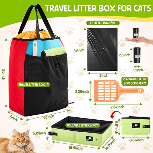 Hillban Travel Litter Box for Cats, 4 In1 Kit Include Scooper Cat, Portable Collapsible Portable Cat Box, Litter Bag, 15 Pcs Poop Bags, Lightweight Leak Proof for Car Travel, Camping, Plane, Hotel