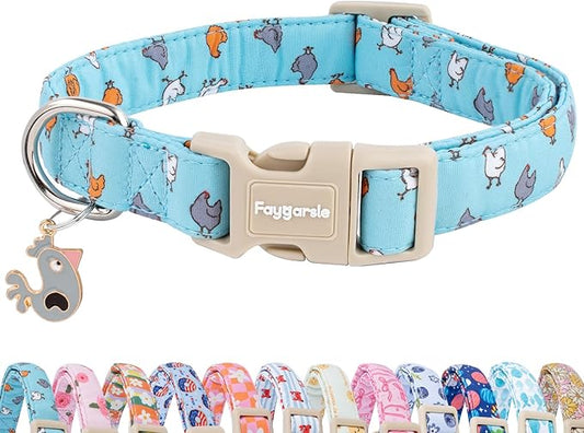 Faygarsle Funny Chicken Pattern Dog Collar, Cotton Fabric, Light Blue with Farm Animal Print for Small Medium Large Dogs L