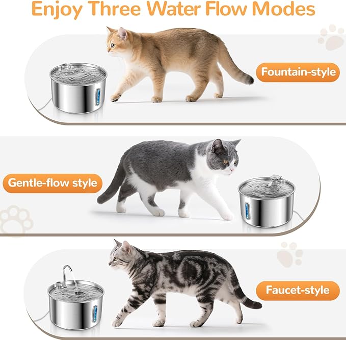 Cat Water Fountain Stainless Steel,135oz/4L,with Adjustable Pump & 3 Flow Modes, Ultra-Quiet Automatic Cat Dog Water Dispenser, Large Capacity Water Fountain for Cats,Dogs,Multiple Pets (20)