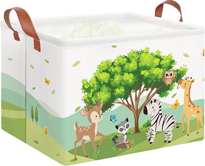 CLOCOR Rectangular Storage Basket,Collapsible Cute Pattern Storage Bin,Waterproof Books Box with Handles,Gift Basket(Woodland Animal)